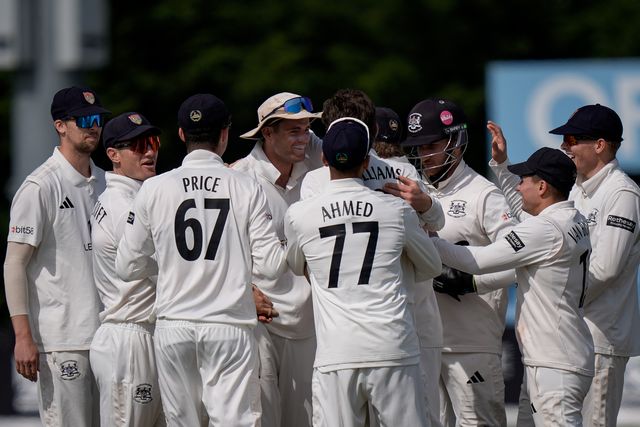 Ed Middleton celebrates taking the wicket of Wayne Madsen off the bowling of Will Williams with his teammates during the County Championship Division Two Derbyshire v Gloucestershire at The Central Co-Op County Ground, Derby, United Kingdom on 26 April 2026

(Photo by Maynard Manyowa/News Images)