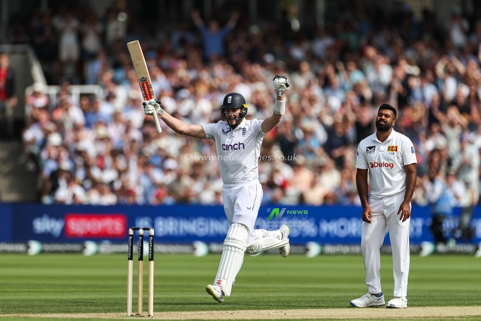 Gus Atkinson of England celebrates his maiden century (100 runs) during the England v Sri Lanka 2nd Rothesay Test Match Day 2 at Lords, London, United Kingdom, 30th August 2024

(Photo by Mark Cosgrove/News Images)