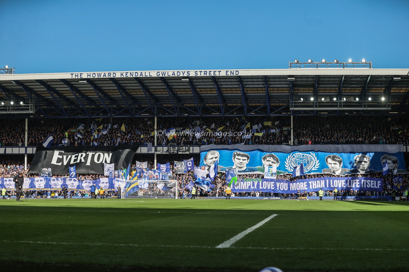 Everton fans hold up banners in the Howard Kendall Gwladys Street End during the Premier League match Everton vs Manchester United at Goodison Park, Liverpool, United Kingdom, 22nd February 2025

(Photo by Alfie Cosgrove/News Images)