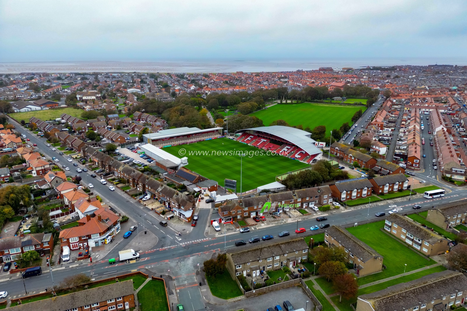 Aerial drone view of Highbury Stadium, home ground for Fleetwood Town, during the The Vertu Trophy match Fleetwood Town vs Leeds United Academy at Highbury Stadium, Fleetwood, United Kingdom, 7th October 2025

(Photo by Adam Gee/News Images)