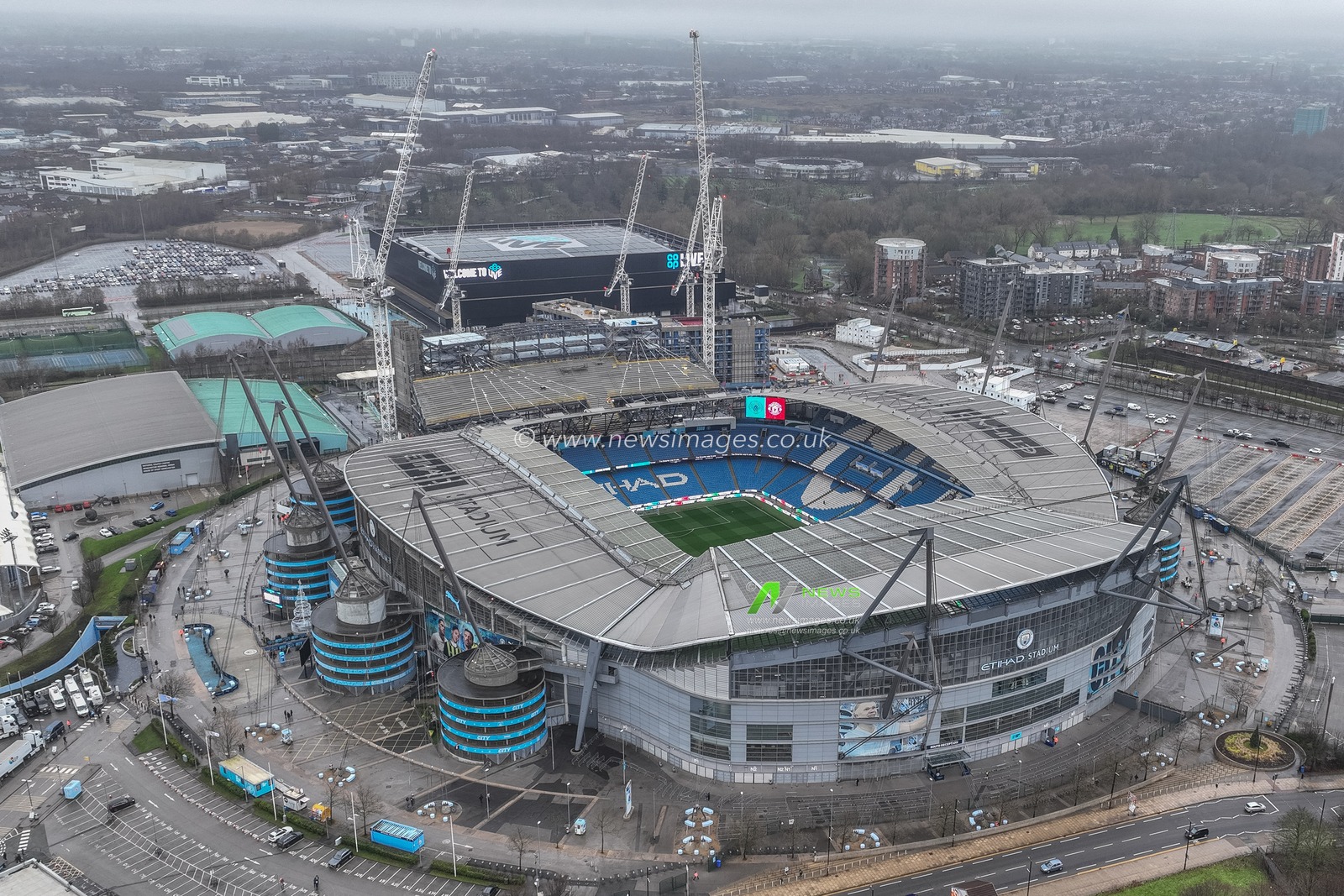 An aerial view of the Etihad Stadium ahead of the Premier League match Manchester City vs Manchester United at Etihad Stadium, Manchester, United Kingdom, 15th December 2024

(Photo by Mark Cosgrove/News Images)