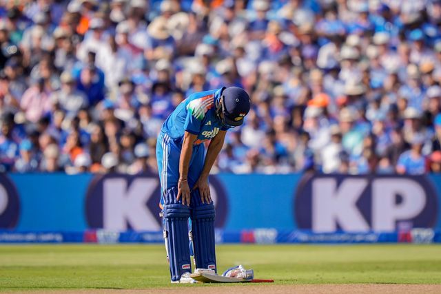 India captain Shubman Gill goes down with a potential injury before retiring hurt during the 1st Metro Bank ODI match England vs India at Edgbaston, Birmingham, United Kingdom on 14 July 2026

(Photo by Maynard Manyowa/News Images)
