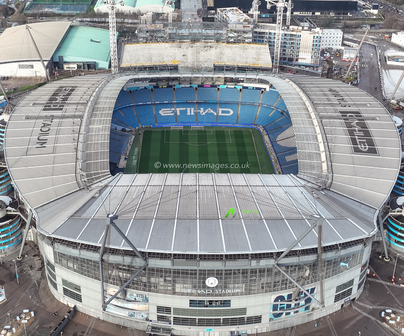 An aerial view of the Etihad Stadium and the construction of the new North Stand that will take the capacity of the Etihad to almost 62,000 during the Emirates FA Cup 3rd Round match Manchester City vs Salford City at Etihad Stadium, Manchester, United Kingdom, 11th January 2025

(Photo by Mark Cosgrove/News Images)