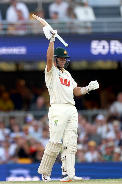Marnus Labushchagne of Australia  celebrates reaching his half-century during the NRMA Insurance Ashes Second Test Day 2 Australia vs England at The Gabba, Brisbane Cricket Ground, Brisbane, Australia, 5th December 2025

(Photo by Pat Hoelscher/News Images)

*** GER AUT SUI OUT ***