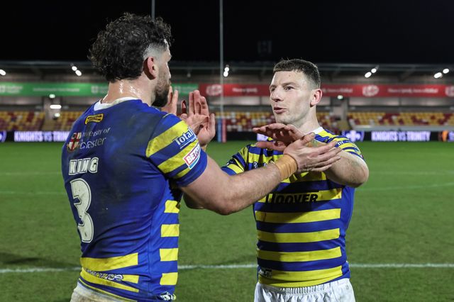 Toby King of Warrington Wolves and George Williams of Warrington Wolves celebrate the win during the Betfred Super League Round 4 match York Knights vs Warrington Wolves at LNER Community Stadium, York, United Kingdom on 06 March 2026

(Photo by Mark Cosgrove/News Images)