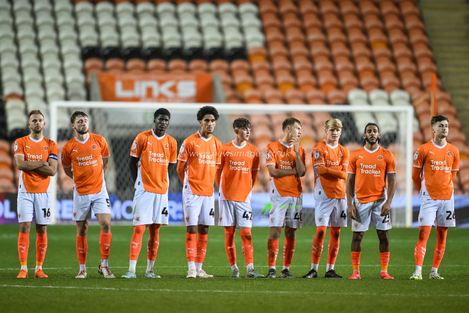 Blackpool line up on the halfway line during the penalty shootout during the Bristol Street Motors Trophy match Blackpool vs Liverpool U21 at Bloomfield Road, Blackpool, United Kingdom, 6th November 2024

(Photo by Craig Thomas/News Images)