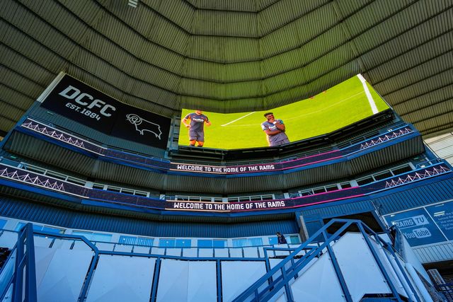 Patrick Agyemang of Derby County in the stadium banner prior to kick off during the Sky Bet Championship match Derby County vs Swansea City at Pride Park Stadium, Derby, United Kingdom on 14 February 2026

(Photo by Maynard Manyowa/News Images)