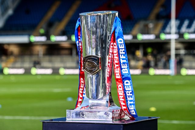 The Betfred Super League Grand Final Trophy during the Betfred Super League play-off Eliminator 1 match Leeds Rhinos vs St Helens at Headingley Stadium, Leeds, United Kingdom, 27th September 2025

(Photo by Alfie Cosgrove/News Images)