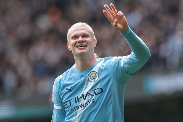 Erling Haaland of Manchester City celebrates his hat-trick as he makes it 4-0 during the Emirates FA Cup Quarter-Final match Manchester City vs Liverpool at Etihad Stadium, Manchester, United Kingdom on 04 April 2026

(Photo by Mark Cosgrove/News Images)