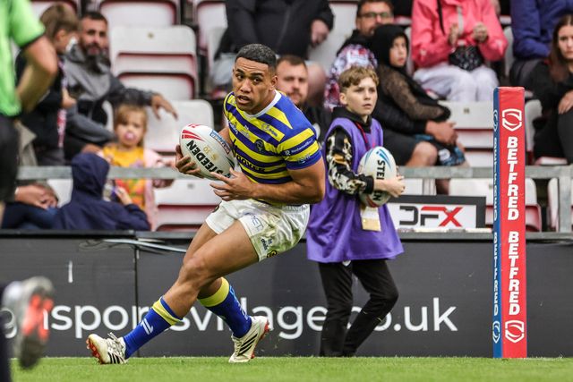 Albert Hopoate of Warrington Wolves goes over for a try during the Betfred Super League round 20 match Leigh Leopards vs Warrington Wolves at Leigh Sports Village, Leigh, United Kingdom on 25 July 2026

(Photo by Alfie Cosgrove/News Images)