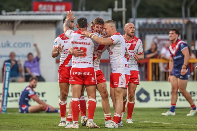 Tom Davies of Hull KR celebrates his try during the Betfred Super League round 16 match Hull KR vs Wakefield Trinity at Sewell Group Craven Park, Kingston upon Hull, United Kingdom, 27th June 2025

(Photo by Alfie Cosgrove/News Images)