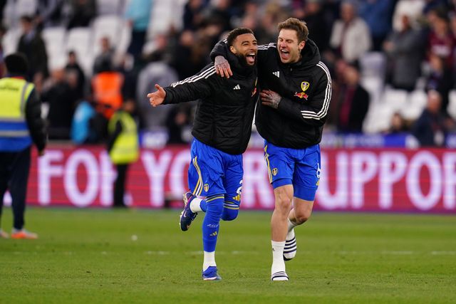 Jayden Bogle of Leeds United and Joe Rodon of Leeds United celebrate penalty shootout win during the Emirates FA Cup Quarter-Final match West Ham United vs Leeds United at London Stadium, London, United Kingdom on 04 April 2026

(Photo by Harvey Murphy/News Images)