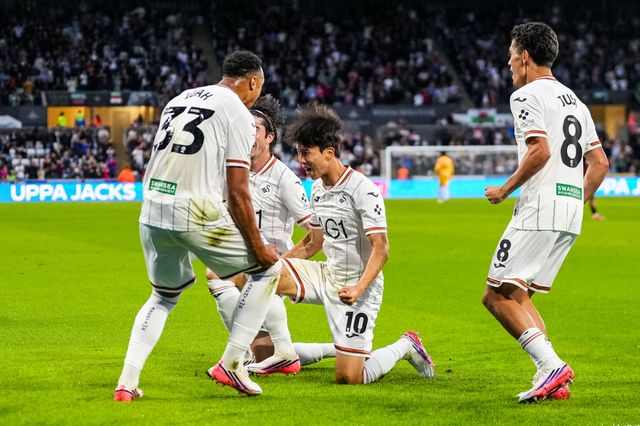 Eom Ji-Sung of Swansea City celebrates scoring his teams first goal during the Sky Bet Championship match Swansea City vs Watford at Swansea.com Stadium, Swansea, United Kingdom on 01 September 2026

(Photo by Andrew Lewis/News Images)