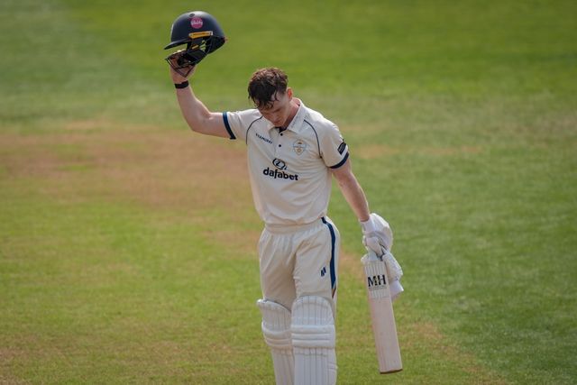 Brooke Guest of Derbyshire celebrates scoring his hundred during the County Championship Division Two Derbyshire vs Northamptonshire day two  match at The Central Co-Op County Ground, Derby, United Kingdom on 09 May 2026

(Photo by Maynard Manyowa/News Images)