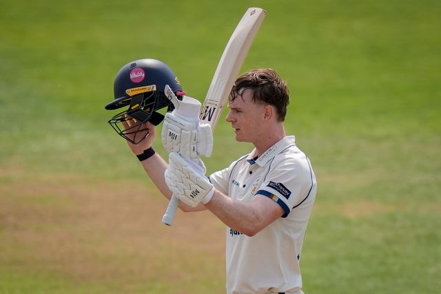 Brooke Guest of Derbyshire celebrates scoring his hundred during the County Championship Division Two Derbyshire vs Northamptonshire day two  match at The Central Co-Op County Ground, Derby, United Kingdom on 09 May 2026

(Photo by Maynard Manyowa/News Images)
