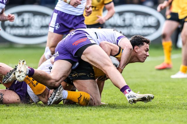 Daejarn Asi of Castleford Tigers is tackled by Isaiah Vagana of Wakefield Trinity during the Betfred Super League round 7 match Castleford Tigers vs Wakefield Trinity at OneBore Stadium, Castleford, Untied Kingdom on 05 April 2026

(Photo by Alfie Cosgrove/News Images)