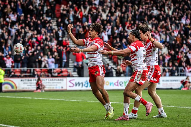 Harry Robertson of St Helens celebrates his try during the Betfred Super League round 7 match St Helens vs Wigan Warriors at The BrewDog Stadium, St Helens, United Kingdom on 03 April 2026

(Photo by Alfie Cosgrove/News Images)