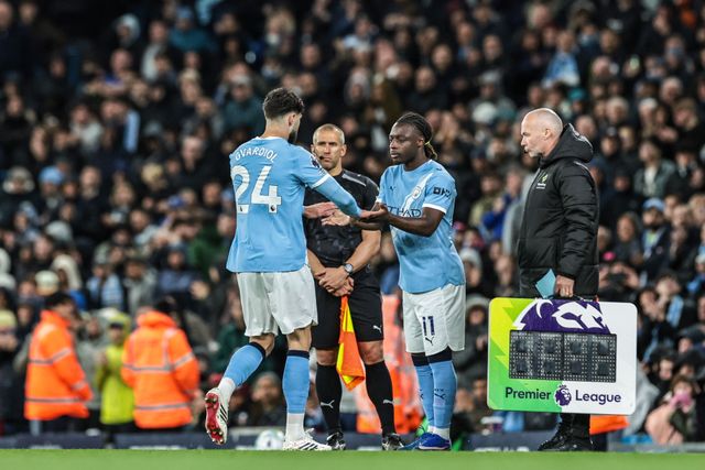 Josko Gvardiol of Manchester City is substituted for Jeremy Doku of Manchester City during the Premier League match Manchester City vs Crystal Palace at Etihad Stadium, Manchester, United Kingdom on 13 May 2026

(Photo by Mark Cosgrove/News Images)