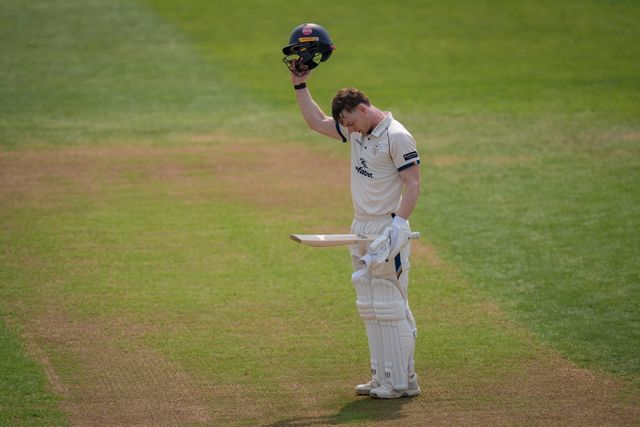 Brooke Guest of Derbyshire celebrates scoring his hundred during the County Championship Division Two Derbyshire vs Northamptonshire day two  match at The Central Co-Op County Ground, Derby, United Kingdom on 09 May 2026

(Photo by Maynard Manyowa/News Images)