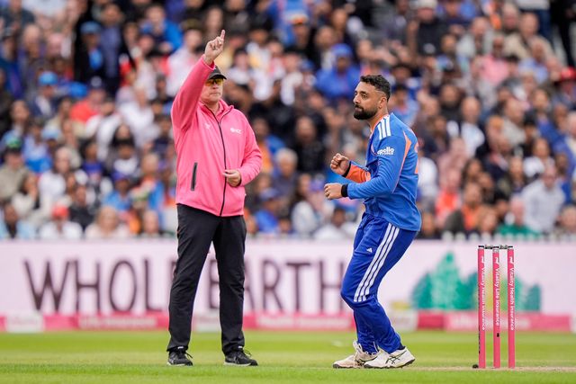 Varun Chakravarthy of India celebrates trapping Will Jacks of England LBW during the Second Vitality T20 International match England vs India at Old Trafford, Manchester, United Kingdom on 04 July 2026

(Photo by Maynard Manyowa/News Images)