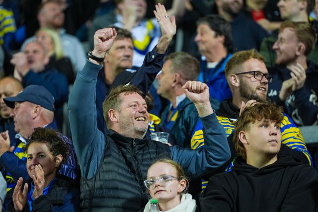 Wolves fan celebrates the victory during the Betfred Super League round 14 match St Helens vs Warrington Wolves at The BrewDog Stadium, St Helens, United Kingdom on 11 June 2026

(Photo by Maynard Manyowa/News Images)