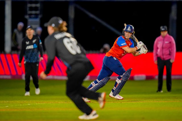 Alice Capsey of England hits the wining runs during the England Women v New Zealand 1st Vitality IT20 match at The Central Co-Op County Ground, Derby, United Kingdom on 20 May 2026

(Photo by Maynard Manyowa/News Images)