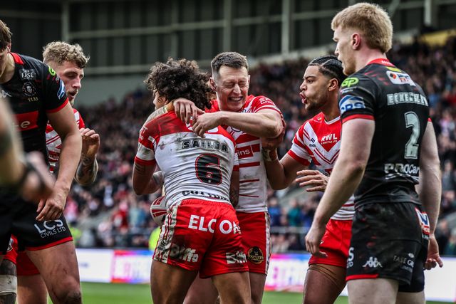 Tristan Sailor of St Helens celebrates his try during the Betfred Super League round 7 match St Helens vs Wigan Warriors at The BrewDog Stadium, St Helens, United Kingdom on 03 April 2026

(Photo by Alfie Cosgrove/News Images)