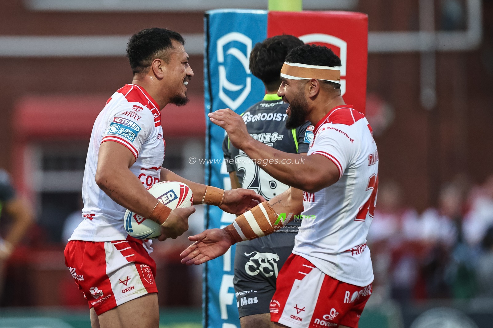 Sauaso Sue of Hull KR celebrates his try with Kelepi Tanginoa of Hull KR during the Betfred Super League Round 14 Hull KR vs Catalans Dragons at Sewell Group Craven Park, Kingston upon Hull, United Kingdom, 13th June 2025

(Photo by Mark Cosgrove/News Images)