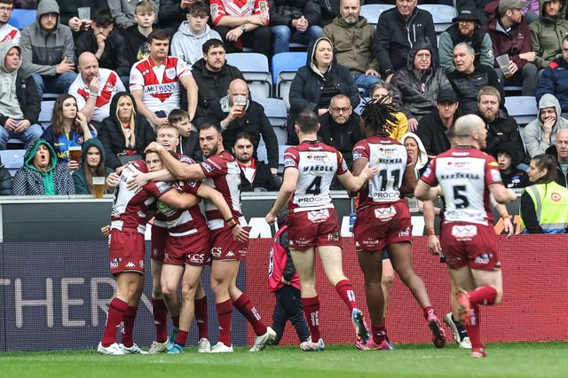 Jai Field of Wigan Warriors celebrates his try to make it 6-2 during the Betfred Super League Round 8 match Wigan Warriors vs St Helens at The Brick Community Stadium, Wigan, United Kingdom, 18th April 2025

(Photo by Mark Cosgrove/News Images)