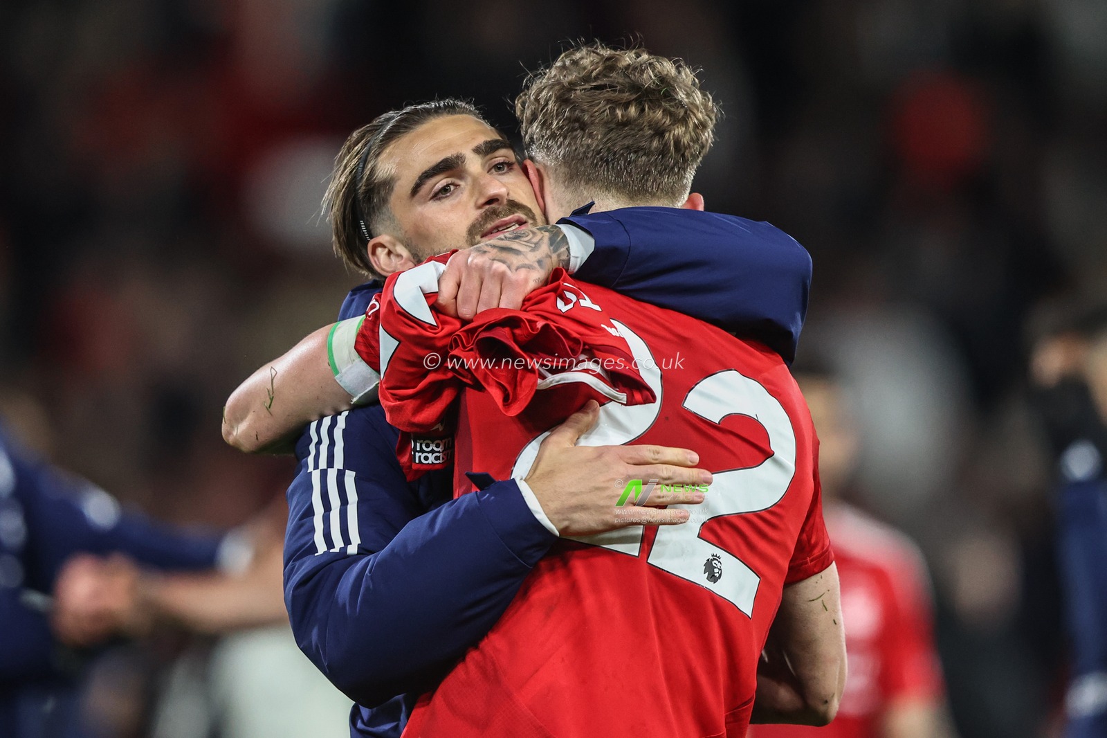 Jota Silva of Nottingham Forest embraces Ryan Yates of Nottingham Forest during the Premier League match Nottingham Forest vs Manchester United at City Ground, Nottingham, United Kingdom, 1st April 2025

(Photo by Alfie Cosgrove/News Images)