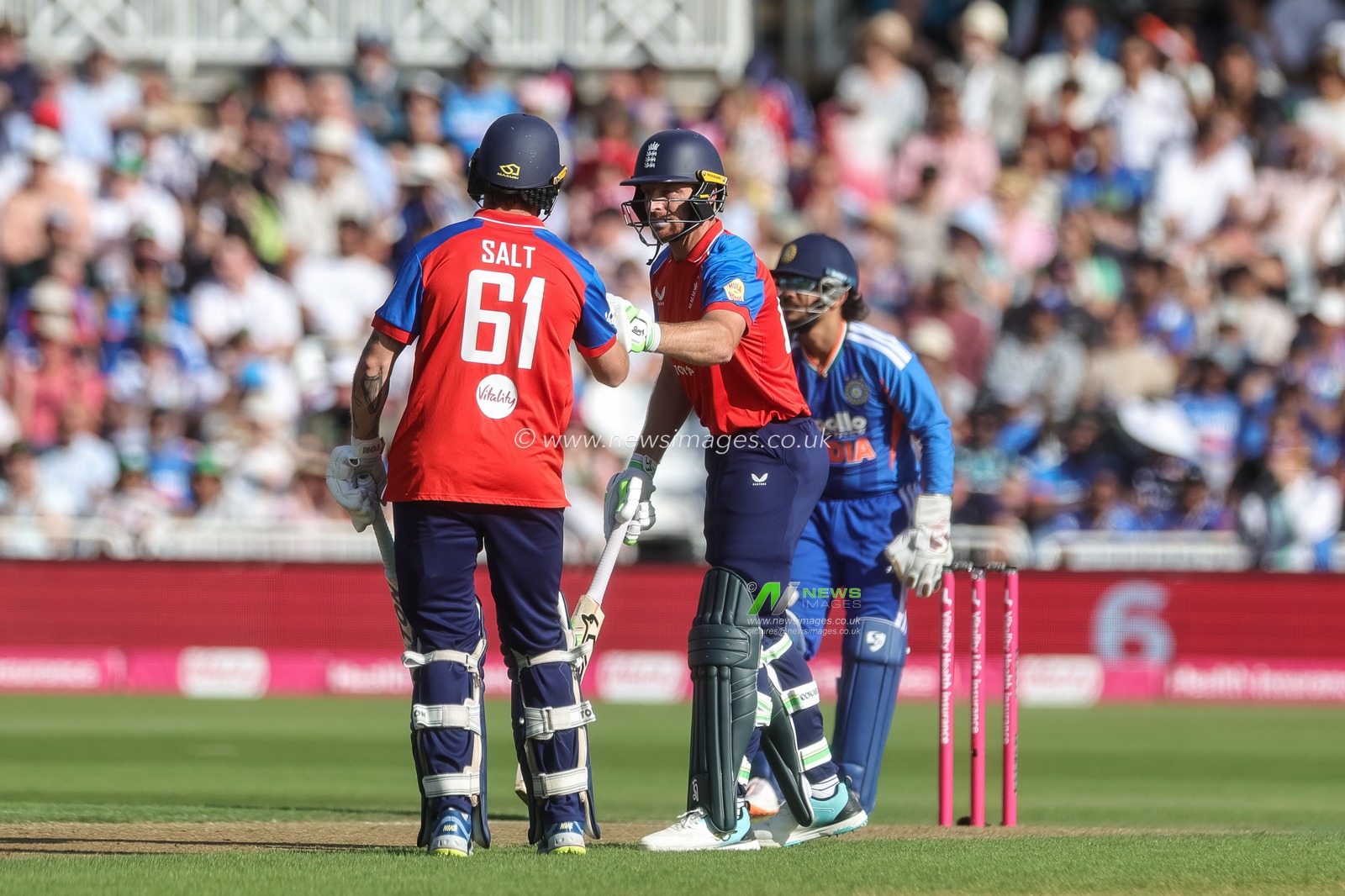Jos Buttler of England celebrates his six with Phil Salt of England during the Third Vitality T20 International match England vs India at Trent Bridge, Nottingham, United Kingdom on 07 July 2026

(Photo by Mark Cosgrove/News Images)