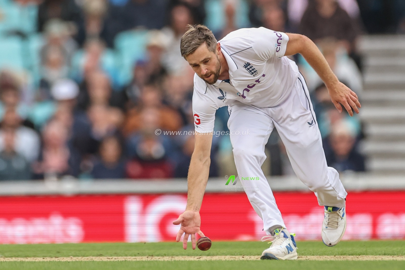 Chris Woakes of England fields his own ball during the 3rd Rothesay Test Match Day Four England v Sri Lanka at The Kia Oval, London, United Kingdom, 9th September 2024

(Photo by Mark Cosgrove/News Images)