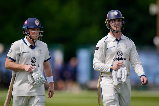 Harry Came of Derbyshire and Luis Reece of Derbyshire walk off at lunch after an unbeaten opening partnership during the County Championship Division Two Derbyshire vs Northamptonshire day one match at The Central Co-Op County Ground, Derby, United Kingdom on 08 May 2026

(Photo by Maynard Manyowa/News Images)