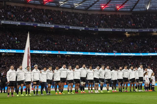 England team sing the national anthem God save the King during the Quilter Nations Series 2025 match England vs Argentina at Allianz Stadium, Twickenham, United Kingdom, 23rd November 2025

(Photo by Mark Cosgrove/News Images)

*** GER AUT SUI OUT ***