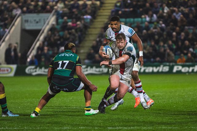 Olly Cracknell runs around Tarek Haffar during the Gallagher Premiership match Northampton Saints vs Leicester Tigers at Cinch Stadium at Franklin's Gardens, Northampton, United Kingdom, 21st March 2025

(Photo by Craig Evans/News Images)