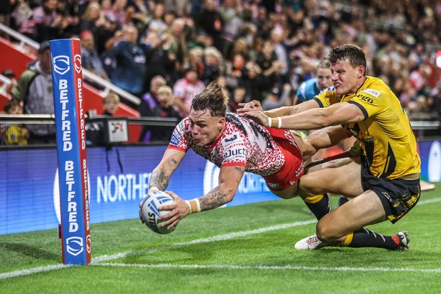 Keanan Brand of Leigh Leopards goes over for a try during the Betfred Super League round 25 match Leigh Leopards vs Castleford Tigers at Leigh Sports Village, Leigh, United Kingdom, 28th August 2025

(Photo by Alfie Cosgrove/News Images)