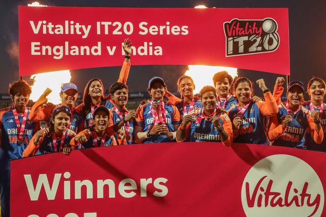India lift the trophy after winning the series 2-3  during the 5th Vitality IT20 England Women vs India Women at Edgbaston, Birmingham, United Kingdom, 12th July 2025

(Photo by Izzy Poles/News Images)