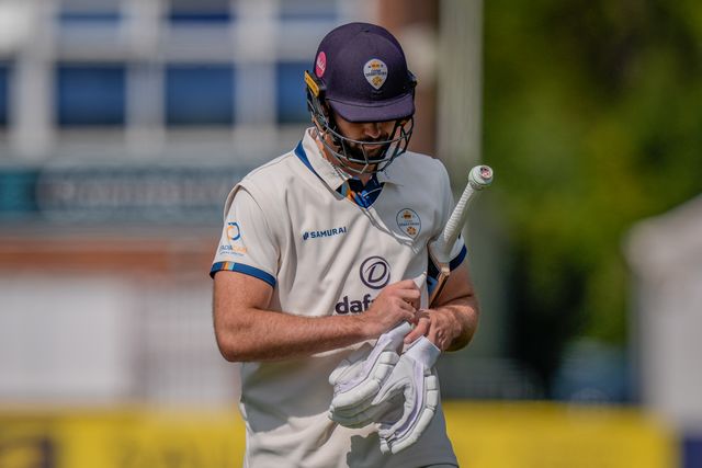 Ben Aitchison walks off after being caught off the bowling of Gabe Bell during the county Championship Division Two day 4 Derbyshire vs Gloucestershire at The Central Co-Op County Ground, Derby, United Kingdom on 27 April 2026

(Photo by Maynard Manyowa/News Images)