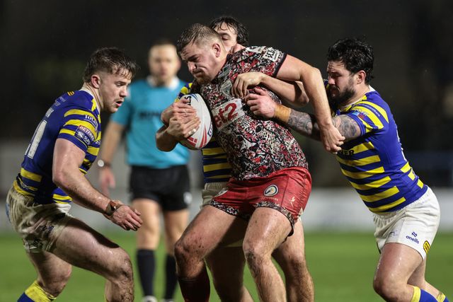 Max Wood of Warrington Wolves and James Bentley of Warrington Wolves Luke Thomas of Warrington Wolves in action during the Pre Season match Warrington Wolves vs Leigh Leopards at Halliwell Jones Stadium, Warrington, United Kingdom, 30th January 2026

(Photo by Mark Cosgrove/News Images)