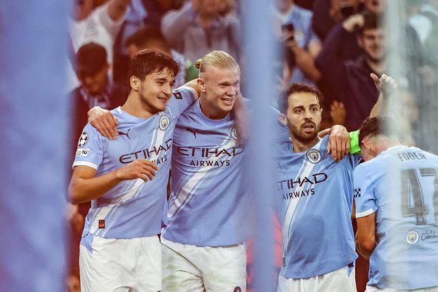 Erling Haaland of Manchester City celebrates his goal to make it 1-0 during the UEFA Champions League 2025/26 Phase MD1 Manchester City vs Napoli League at The City of Manchester Stadium, Manchester, United Kingdom, 18th September 2025

(Photo by Alfie Cosgrove/News Images)