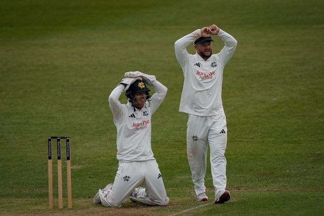 Ben Duckett and Kyle Verreynne react to a missed run out during the County Championship Division One day 3 Leicestershire vs Nottinghamshire at Grace Road, Leicester, United Kingdom on 03 May 2026

(Photo by Maynard Manyowa/News Images)