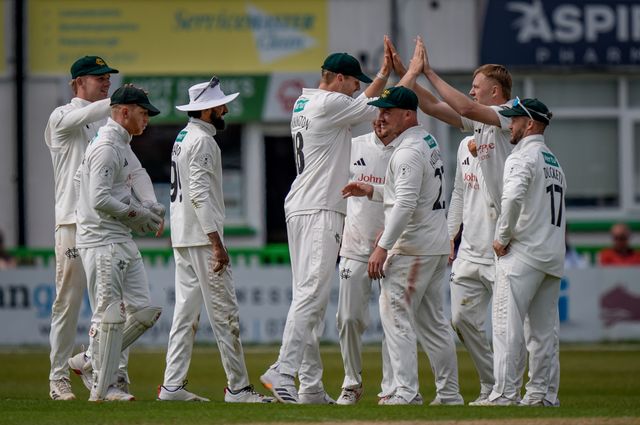 Lyndon James celebrates the wicket of Jake Weatherald during the County Championship Division One day 3 Leicestershire vs Nottinghamshire at Grace Road, Leicester, United Kingdom on 03 May 2026

(Photo by Maynard Manyowa/News Images)