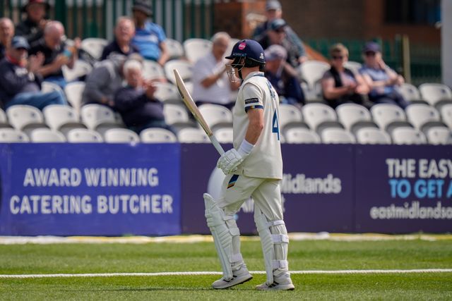 Harry Came applauds the crowd after being dismissed following a half century during the County Championship Division Two Derbyshire vs Northamptonshire day one match at The Central Co-Op County Ground, Derby, United Kingdom on 08 May 2026

(Photo by Maynard Manyowa/News Images)
