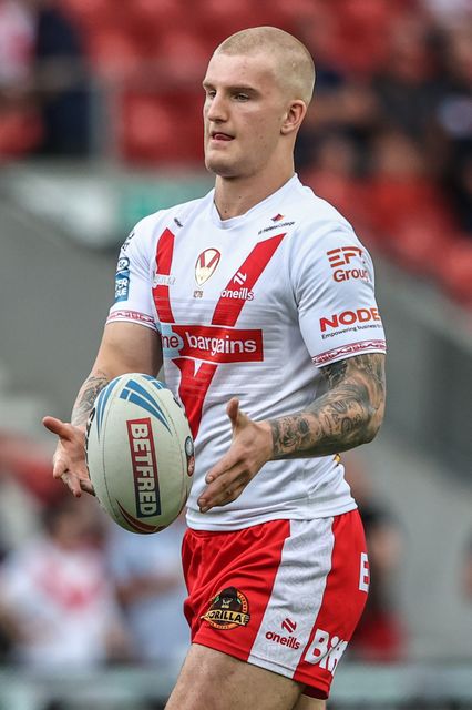 George Delaney of St. Helens during pre-game warm up during the Betfred Super League round 19 match St Helens vs Leigh Leopards at Totally Wicked Stadium, St Helens, United Kingdom, 17th July 2025

(Photo by Alfie Cosgrove/News Images)