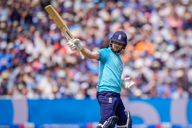 Liam Dawson of England celebrates a half century during the 1st Metro Bank ODI match England vs India at Edgbaston, Birmingham, United Kingdom on 14 July 2026

(Photo by Maynard Manyowa/News Images)