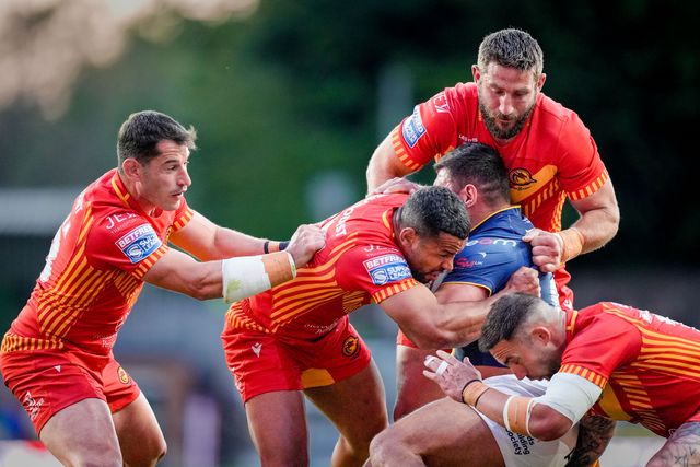 Ryan Hall of Leeds Rhinos is tackled by Julian Bousquet of Catalans Dragons during the Betfred Super League round 9 match Leeds Rhinos vs Catalans Dragons at AMT Headingley Stadium, Leeds, United Kingdom on 24 April 2026

(Photo by Maynard Manyowa/News Images)