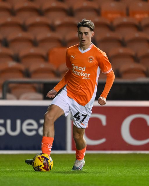Jack Richardson of Blackpool makes a break with the ball during the Vertu Trophy match Blackpool vs Aston Villa U21 at Bloomfield Road, Blackpool, United Kingdom, 17th December 2024

(Photo by Craig Thomas/News Images)