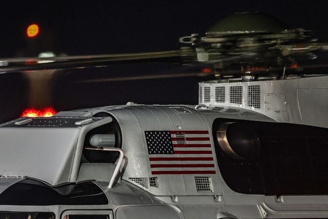 The US flag on the side of the Marine One during the US President Donald Trump's state visit to the United Kingdom at London Stansted Airport, Stansted, United Kingdom, 16th September 2025

(Photo by Alfie Cosgrove/News Images)