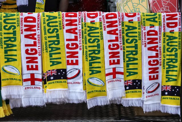 England and Australia scarfs on sale during the Quilter Nations Series 2025 match England vs Australia at Allianz Stadium, Twickenham, United Kingdom, 1st November 2025

(Photo by Mark Cosgrove/News Images)

*** GER AUT SUI OUT ***