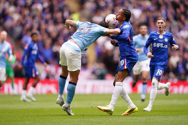 Abdukodir Khusanov of Manchester City and Joao Pedro of Chelsea battle during the Emirates FA Cup Final match Chelsea vs Manchester City at Wembley Stadium, London, United Kingdom on 16 May 2026

(Photo by Harvey Murphy/News Images)